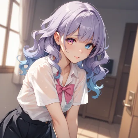 a pretty lady of small height measuring 1 ,50 cm, slim,  with short wavy hair her hair is two colors are dark purple and pink, She has heterochromia in her eyes they are blue and light purple , She wears cute clear lenses .  Her clothing is a black mini sk...