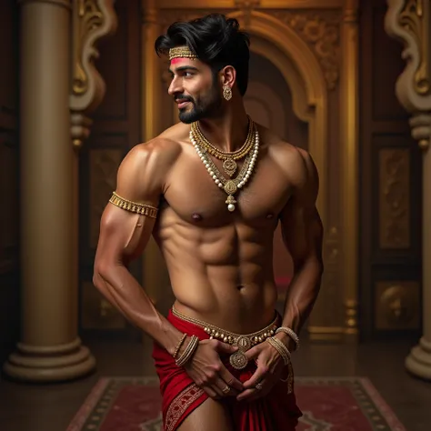 a  full nude indian man, standing in a royal place , hiding his genetic with golden and pearl kamarband, wearing metal , showing sexy thighs  and  round sexy butt , touching inner thigh,side view detailed eyes, blushing face, seductive smile, photorealisti...