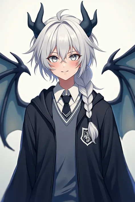 albino male, with fluffy wavy hair up to his ears and with a braid on the back, he has draconic runes all trough his face and 4 draconic wings. He has a draconic white eyes and wears a black harry potter uniform with white details on it, a anime version.