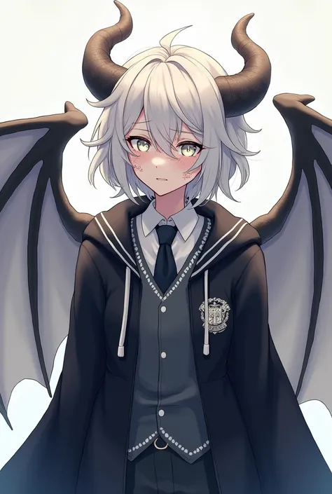 albino male, with fluffy wavy hair up to his ears and with a braid on the back, he has draconic runes all trough his face and 4 draconic wings. He has a draconic white eyes and wears a black harry potter uniform with white details on it, a anime version.