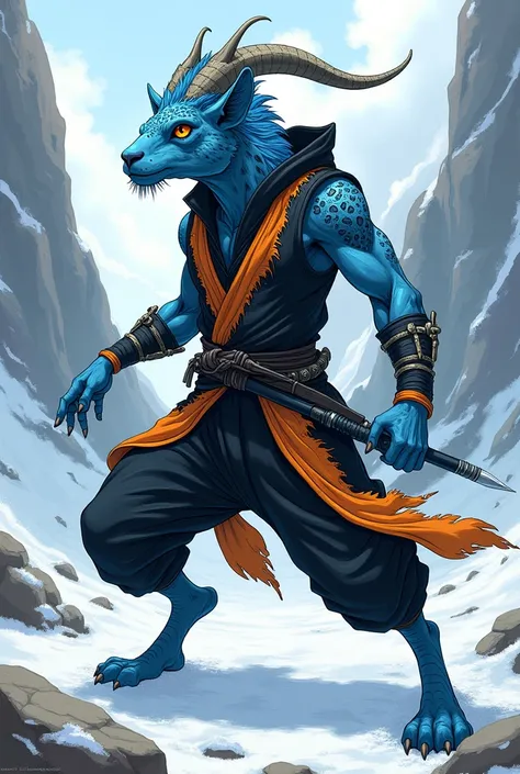 Anime: blue fishgoat wearing black/orange ninja garb with snow leopard motif