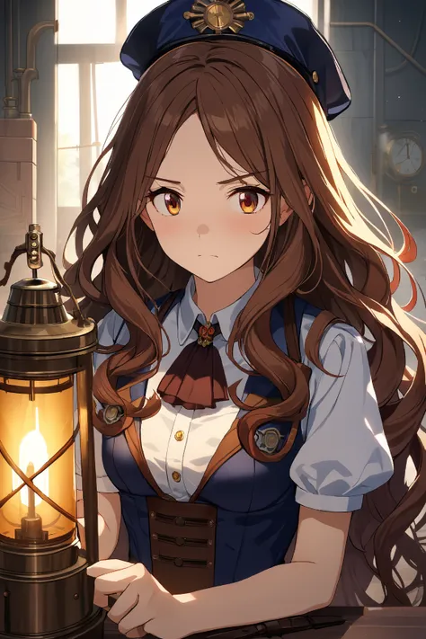 1 girl, (cute face), 19 years old, (long curly hair:1.2), (serious gaze), medium breasts, slim, (wearing detailed steampunk police attire:1.4), short sleeve, (holding a lantern), BREAK  
Abandoned warehouse, shadows and light, (investigating a clue:1.2), (...