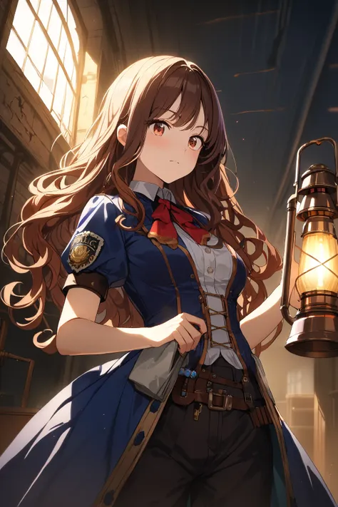 1 girl, (cute face), 19 years old, (long curly hair:1.2), (serious gaze), medium breasts, slim, (wearing detailed steampunk police attire:1.4), short sleeve, (holding a lantern), BREAK  
Abandoned warehouse, shadows and light, (investigating a clue:1.2), (...