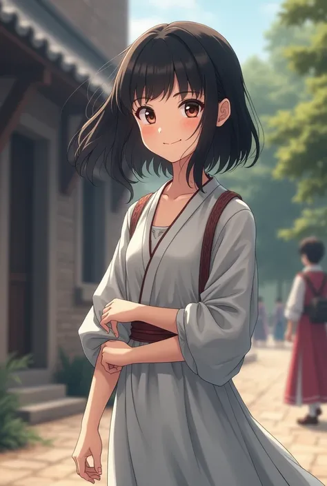  with dark hair ，Around the age of 14 ，A cute woman dressed in plain hair ，It is mainly grayish and white， The background is a medieval civilian，Anime style，Partially realistic，No background required，Full body portrait， with a smile