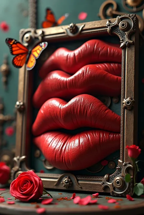 steampunk style, a close up of multiple red lips in a frame, a rose on a table, butterfly around,surreal art, detailed digital 3d art,  melting, 3d render digital art