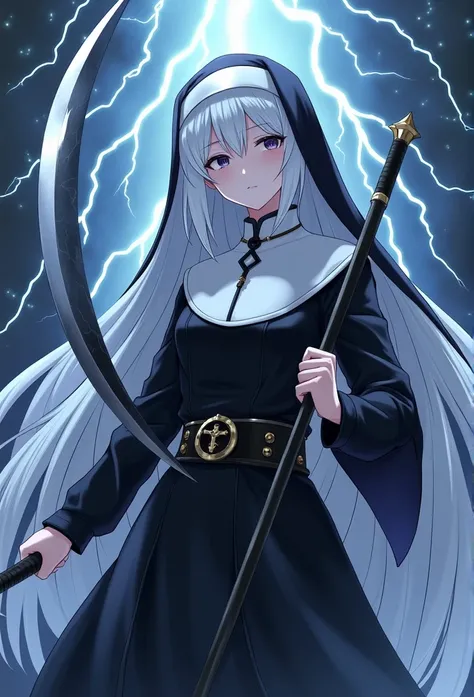 A white-haired nun holding the scythe of death ,a woman in a  nuns clothing holding a The scythe of death  and a sword,  nuns clothing, do girls frontline,  white-haired divinity ,  anime wearing a black dress ,  dressed as a clergyman , estilo girls front...