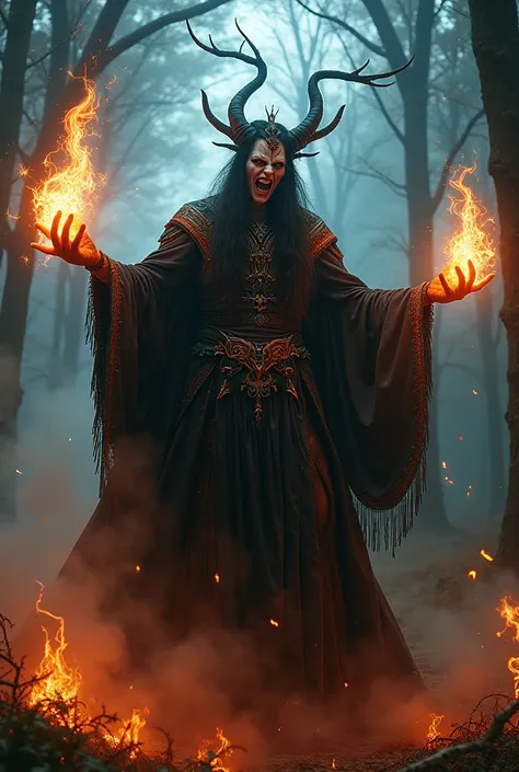 Lightning Fire , smoke,  epic scene with a black fairy , bright, enevoada,  photorealistic uhd ,  authentic angry psychotic madman wearing dark costume clothes and intricate gothic makeup,  doing some dark magic in the forest ,  full body,  intricate detai...