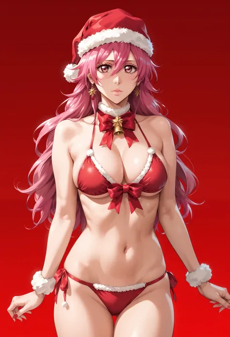 extremely detailed CG, high resolution, best quality, masterpiece, single woman, s mcallon (bleach), pink eyes, (beautiful detailed eyes: 1.4), pink hair, christmas bikini, natural pose, red gradient background