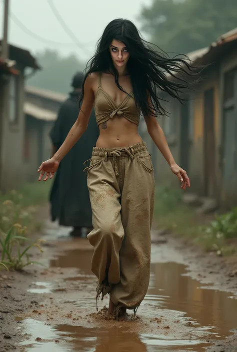 Girl with long black hair, king, camiseta beige Dirty pantalón sucio, Dirty, Dancing above a puddle 