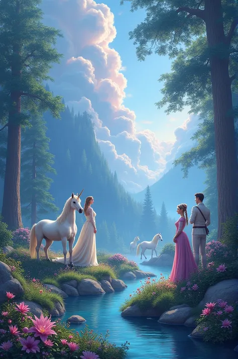 Blue and purple clouds, animals especially unicorn,princess and prince, river, beautiful forest 