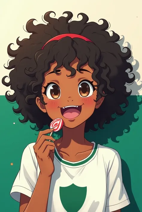 Dark skinned girl , with curly hair,  eating a candy while sticking out his tongue a little bit ,with a filter of a dog ,  wearing a white school shirt with a green shield ,  against a background of a white wall above and green below , anime 