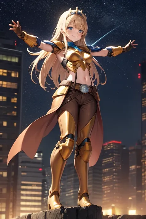 ((best quality)), ((masterpiece)), (detailed), 1 girl, 1, Smiling face, Blue eyes, Star-shaped tiara, Arms outstretched, Arms behind waist, Blue superhero mask, Blushing, Blonde hair, Straight hair, Long hair, Bangs, Hair ornaments, Star hair ornaments, Me...