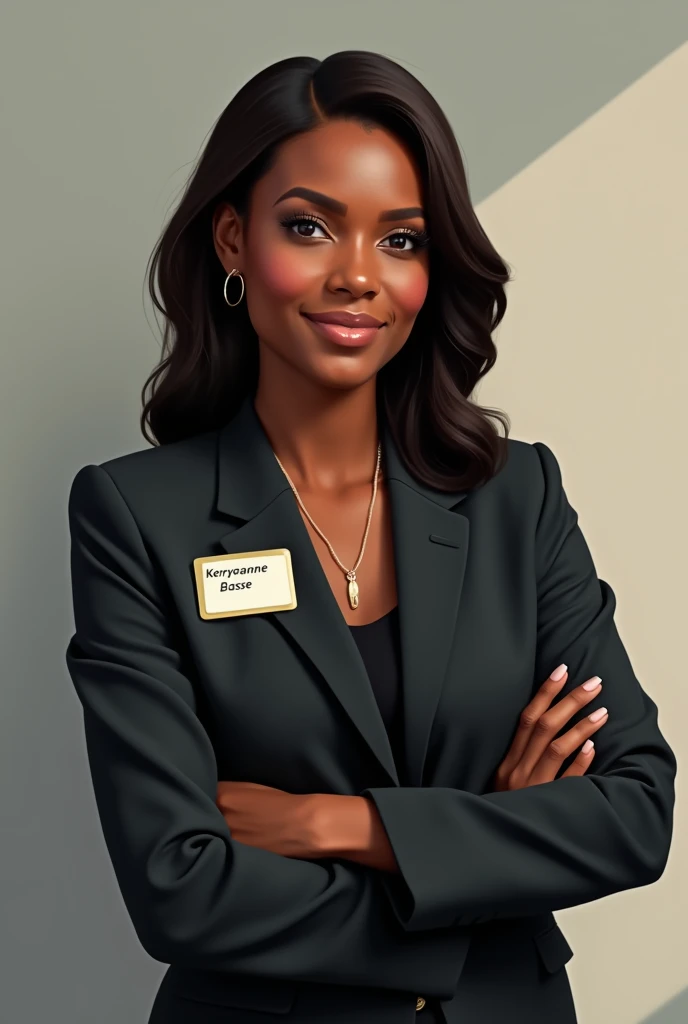 Black lady formally dressed with name tag Kerryanne Basse 