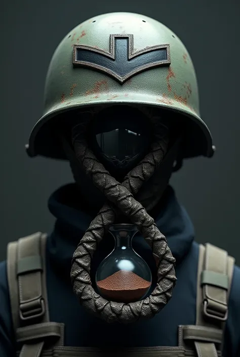 chevron logo ,  hourglass ,  top on watch military tactical helmet  , bottom on watch also military tactical helmet, in the middle scandinavian runes of life and death  