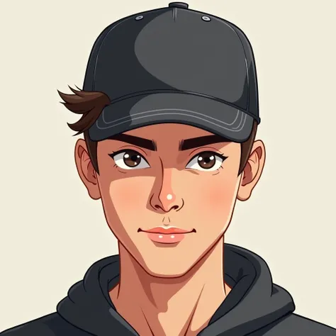 a handsome man around 20 years old wear cap cartoon from head to shoulder only like pasport photo