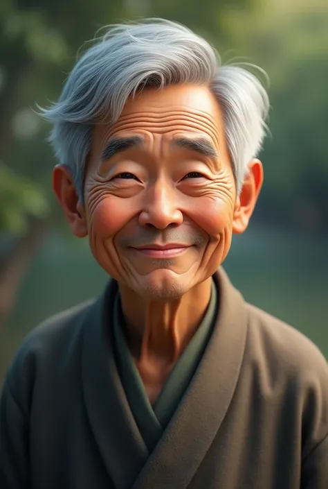 Generate a friendly Asian old man with graying temples, gray hair, wrinkles all over his face