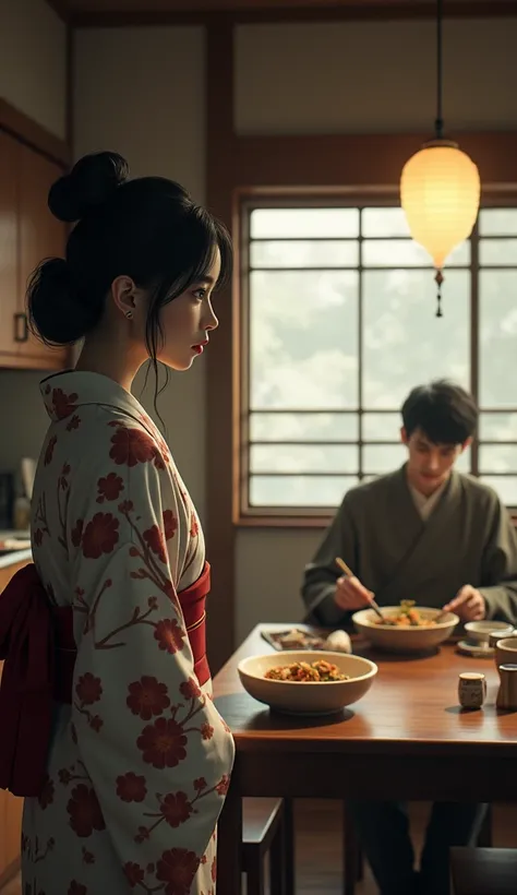  Japanese woman watching a Japanese man eating at the dining table from the kitchen。The woman has a very sad expression 。 realistic 