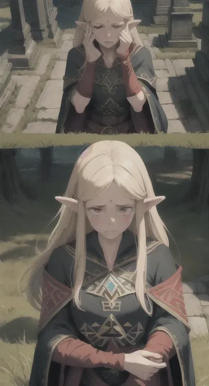 1girl, Ancient Hylian, Hylia, Blonde, red eyes, Hylia, crying at, princess zeldas grave, 