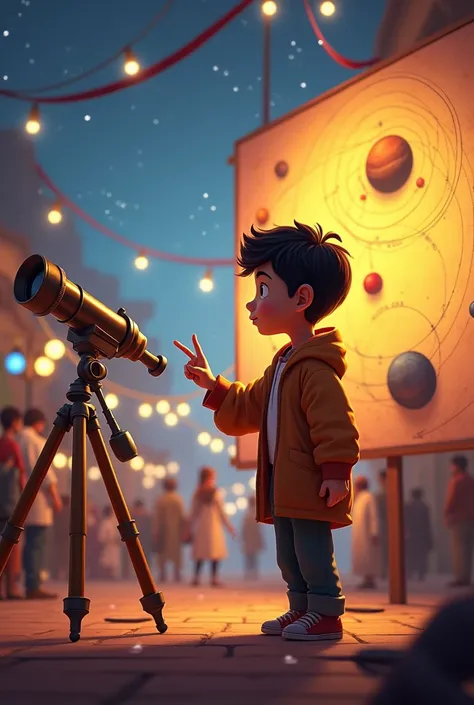 
A boy, Hamza, pointing to a telescope at his booth. Behind him, a hand-drawn model of the solar system is displayed, with planets arranged to match a specific date. A judge looks impressed.
