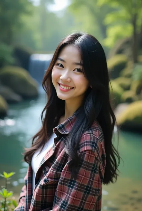  a beautiful Korean woman s with long black hair wearing a flannel shirt with a friendly smile and a text name"azx"In her teng there are beautiful ponds and waterfalls and trees like the shape of an island 