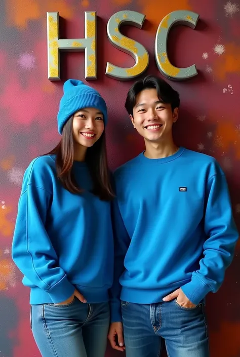  a name inscribed in bold letter3D text name  "HSC" below inscribed bold 3d text name " HEATHER SUHU CREATOR " next to him a pair of beautiful young lovers sweet smile from Indonesia wearing blue beane hat wearing bright blue sweater t-shirt blue jeans ,an...