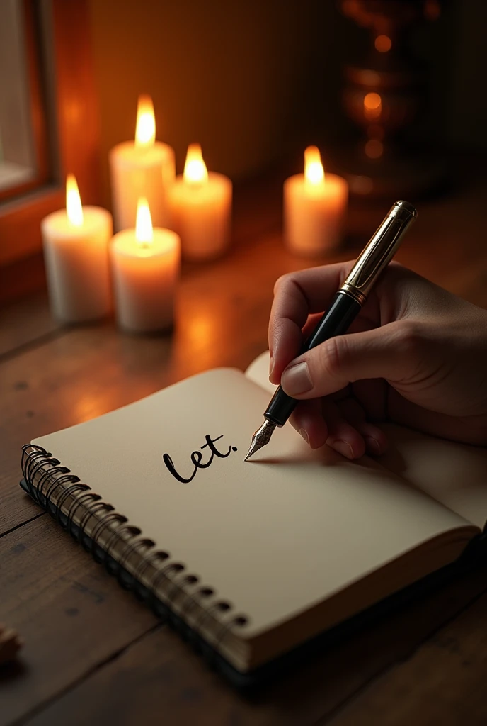  Create an image based on the text .

 An elegant hand holds a fountain pen , writing the word Let ... in a quality paper notebook .  The scene is set on a brown wooden table ,  illuminated softly by several burning candles that surround the furniture .  T...