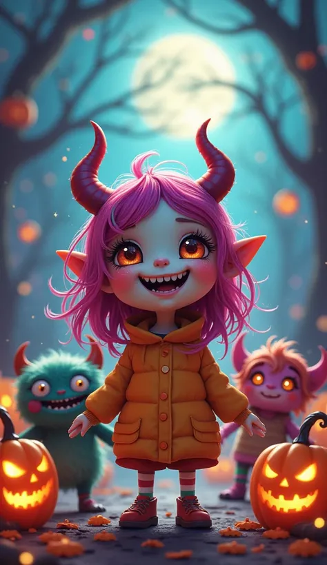  Halloween,  colorful ,  vibrant colors, fantasy,   Digital Painting ,  concept art,  high definition, 8k,  Photorealistic, masterpiece,  Award-winning  , cute smiling monster bgirl ,  cute monster girl   Halloween monster,  Cute Monster Characters , cute ...