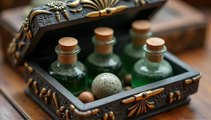 The box is carved with inlaid stones with small bottles with a wooden stopper filled with a cloudy green liquid.