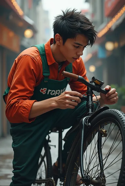  A realistic young man wearing the clothes of the delivery boy rappi, patching a hole in the bicycle tire  