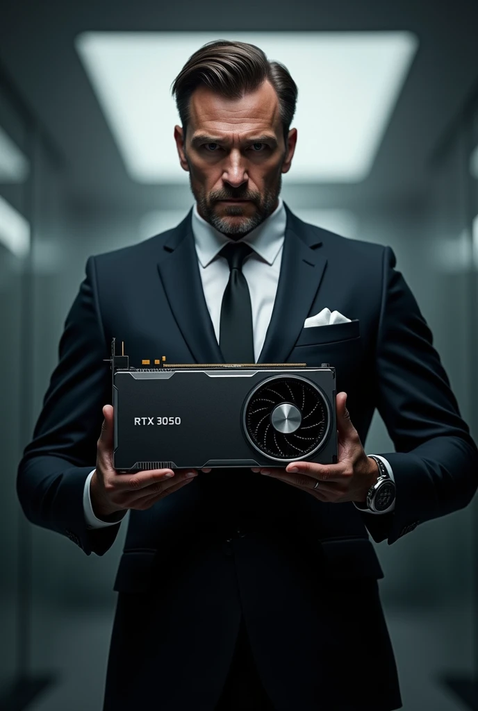 A powerful man holding the RTX 3050 case