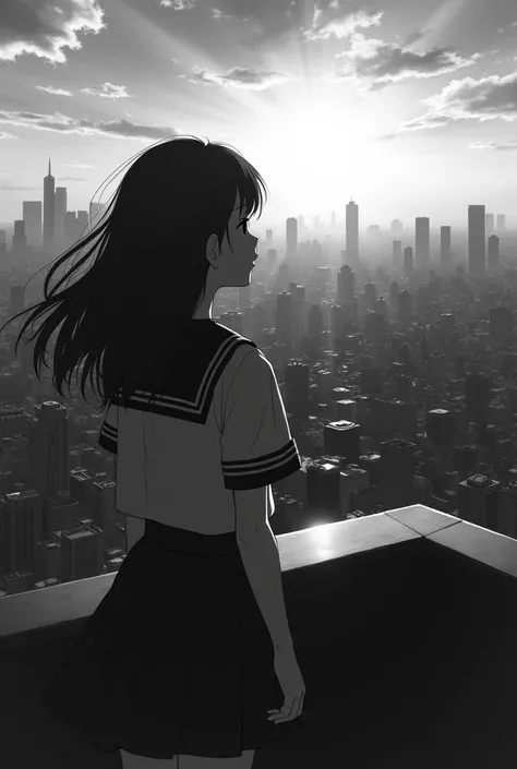 Black and white anime girl looking at Tokyo skyline sunrise from on top of school building roof wide shot