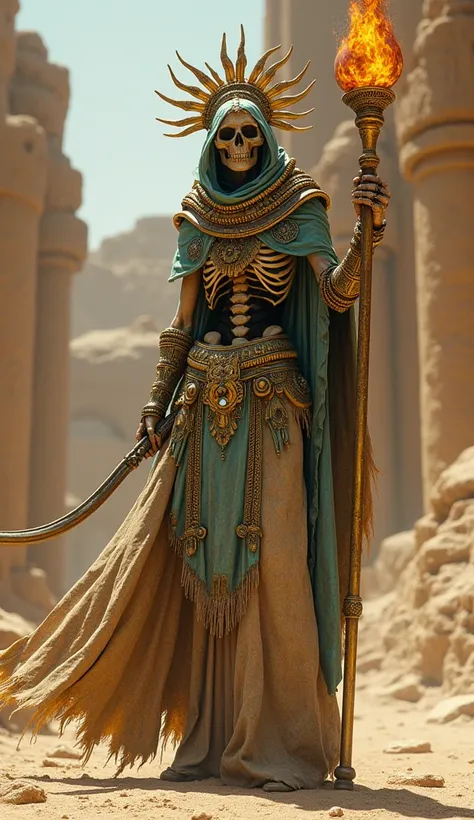 Create an imposing ancient undead warrior (( settra the imperishable)) standing amidst the ruins of an old desert civilization. The character is a tall, skeletal figure draped in ornate, tattered ceremonial robes that shimmer with gold and turquoise detail...