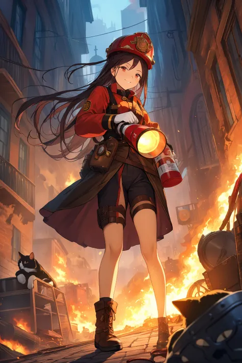 1 girl, (strong face), 19 years old, (long hair in a braid:1.2), (confident smile), small breasts, slim, (wearing fitted steampunk firefighter gear:1.4), above knee length, (fire extinguisher in hand), BREAK  
Burning building, chaotic environment, (rescui...