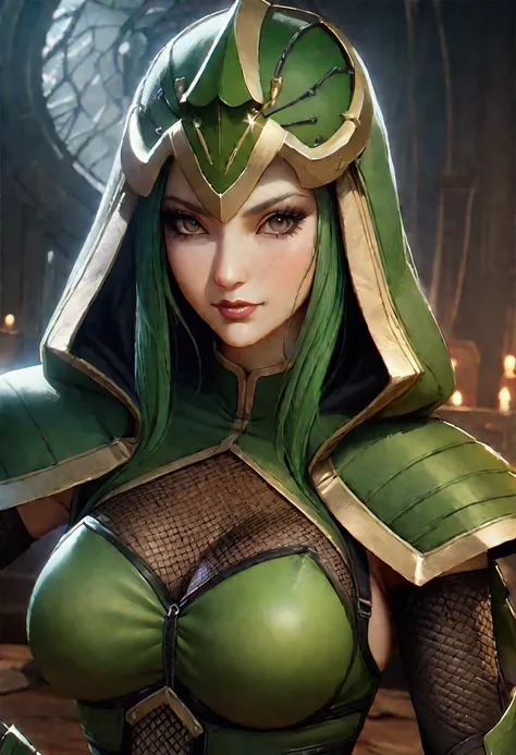  Cinematic soft lighting illuminates an incredibly detailed and ultra-realistic close-up of Tati Gabrielle in a green hooded outfit, mortal kombat 11, jade the mortal kombat, in Mortal Kombat, MK Ninja, wearing green armor and helmet, Akali, launch,  that ...