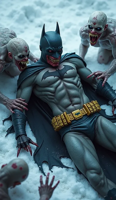 A highly realistic image of a ferocious-looking zombie batman laying on ground and ugly zombies with sharp teeth and claws are sitting near batman on ground and ripping clothes of batman through a snowy landscape 