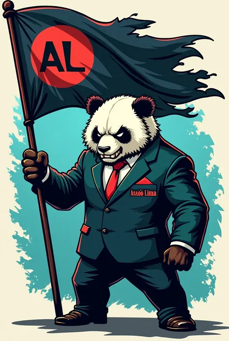 Create for me a logo with an angry, brown and muscular panda dressed in a suit with the name Associação Lima on the front of the suit and holding a very large flag with the tips of the flag torn, written inside the flag a very bold and creative monogram wi...