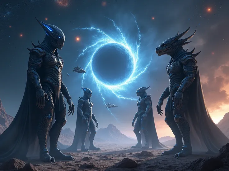 "An epic space scene showing two alien species, one with sleek, armored warriors with glowing blue energy lines (Ilvren) and the other with tall, reptilian warriors adorned with intricate metallic armor (Thalvren), standing side by side in a vast, starry v...