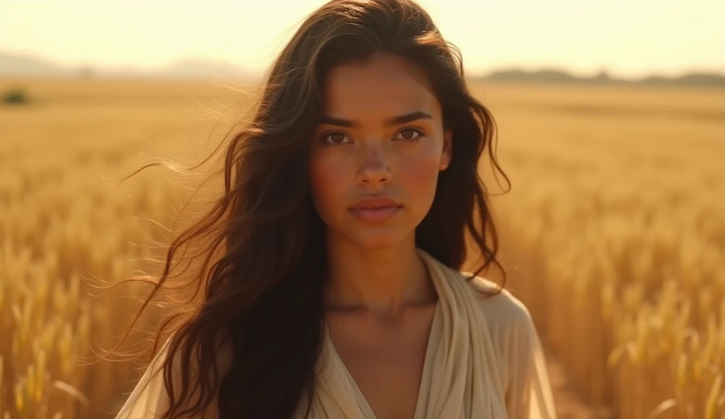 A young fair skin,  about 25 years old ,  with long wavy black hair and deep brown eyes,  walking across a golden wheat field at noon .  She wears modest, slightly worn tunics,  and her expression shows focus and determination . The sun hits hard , casting...