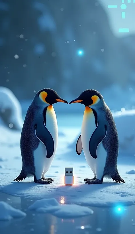 "Create a digital art composition titled Penguin + Flash Drive in the scene. The image should feature:

Penguin: On the left side, a realistic, adorable penguin with smooth black and white feathers. The penguin should be in a playful stance, standing on an...