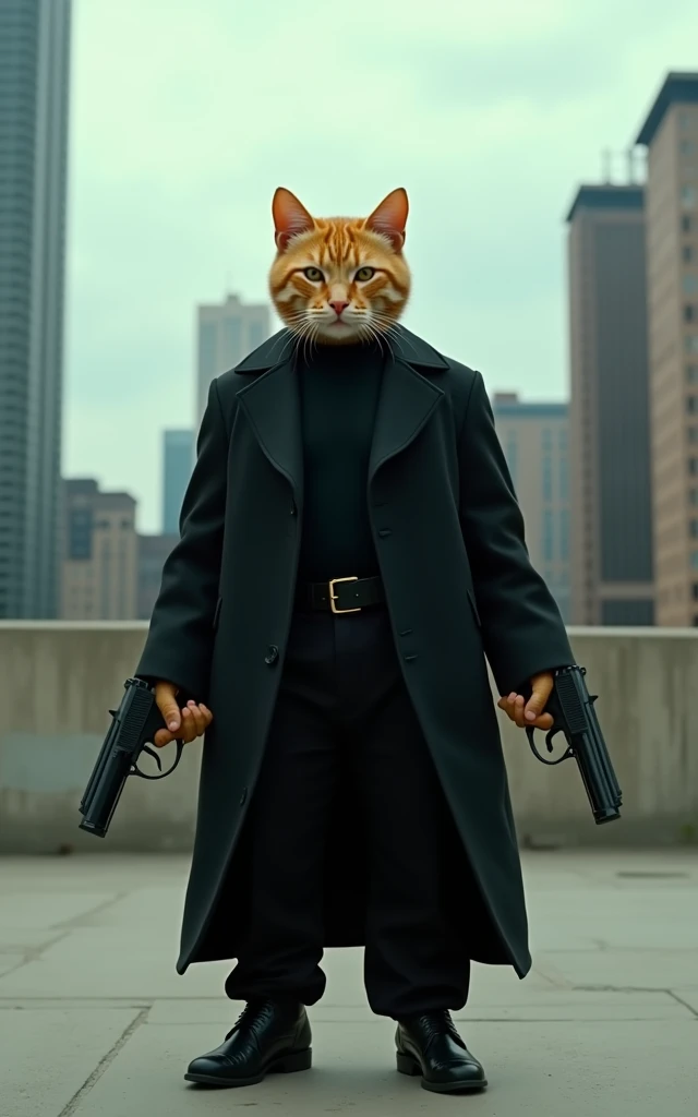 The Matrix, 1999, bullet scene style,

photographic style with realistic and detailed descriptions,



Front view, full body,

A cute yellow cat is standing on two feet.
Each has a handgun in each hand.


The cat is wearing a black long coat, black pants, ...