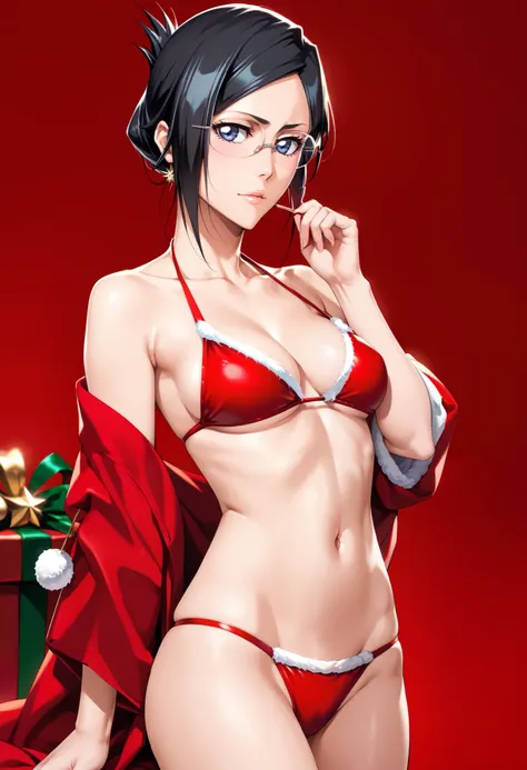 extremely detailed CG, high resolution, best quality, masterpiece, single woman, ise nanao (bleach), dark blue eyes, (beautiful detailed eyes: 1.4), black hair, glasses, christmas bikini, natural pose, red background