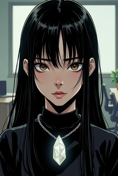  Comic panel of a girl with black hair ,Light brown eyes,black shirt,He has a white quartz on his neck, her expression is cold but her face is pretty,is in an office