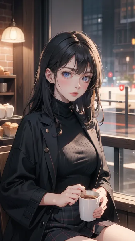 " Detailed illustration of a young girl sting in front of a cozy coffee shop.  she has long Black hair and gray eyes 、  wears a black turtleneck  ,  red skirt  , 、large plaid coat  .  coffee shop behind her  、  warm lighting with visible signs  . the mood ...