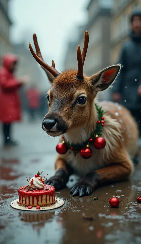 We have a side view on a rainy day of a reindeer from Santa Claus cub with Christmas ornaments around its neck,  very thin and sad , with soaked fur due to rain and sad appearance ,  lying on the floor and trying to pick up a piece of a tiny and disgusting...