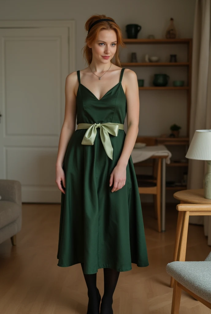 ultra Realistic upper body of a beautiful young red haired German woman with ponytail, headband, Necklace, smile. Beautiful legs and high heels , She stands in the livingroom, She wears a knee lengh dark green satin A-linie-dress with straps and black tigh...