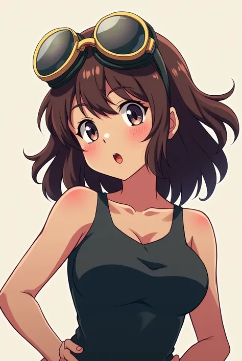 Generate an image in the style of the anime My Hero Academia of a girl with a sturdy body with a round face and pink cheeks., loose shoulder hair in layers and dark brown color .   With brown eyes in black clothes and motorcycle googles as an ornament on h...