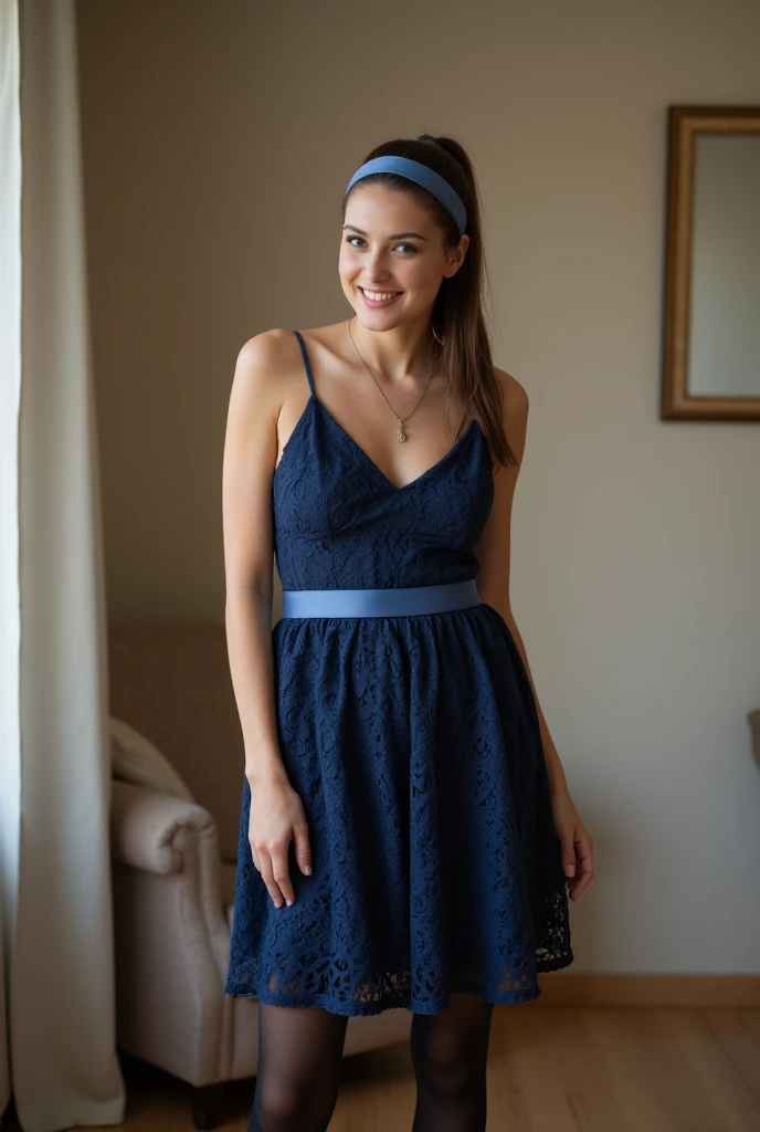 ultra Realistic upper body of a beautiful young brunette German woman with ponytail, headband, Necklace, smile. Beautiful legs and high heels , She stands in the livingroom, She wears a knee lengh dark blue lace A-linie-dress with straps and black tights a...