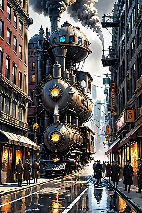 steampunk steam engine city,Hallucinatory Art , dmt Death of Ego , Psychedelic Horror ,Grey Sky、  Highly Detailed Amazing Art , DMT Egodes ,Shamanic Fear ,LSD art,collage,futuristic steampunk street ,  STEAMPUNK CITY , City Concept Art,  sci-fi scene Futur...