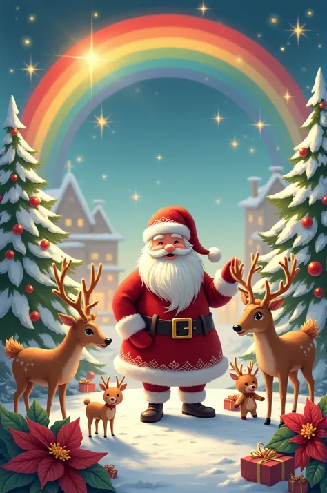 Draw a Christmas picture with the following 10: Santa, Penda, ren, Christmas Flowers, Gingerbread, Gifts, Deer, Rainbow