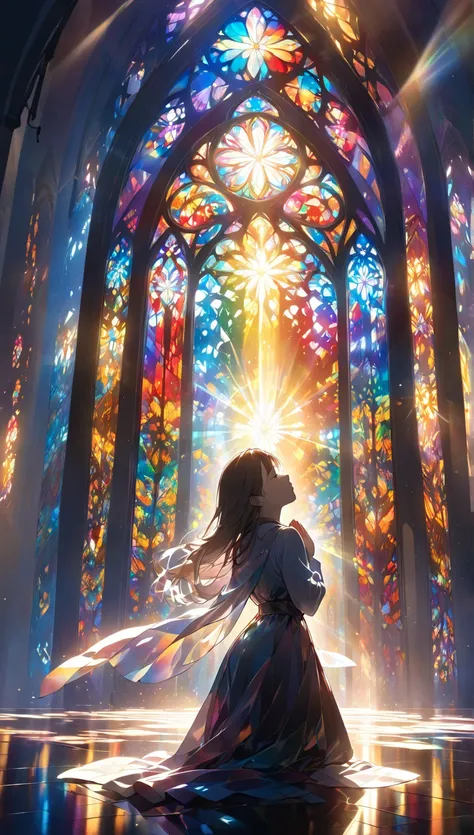 Backlight, Woman praying with her back, Backlit silhouette, The rich colored light shining through the stained glass、Aesthetically enveloping, 